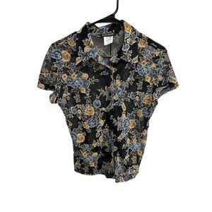 Vintage Carment Mesh Floral Button Front Shirt Black Multi Sz Medium Whimsigoth